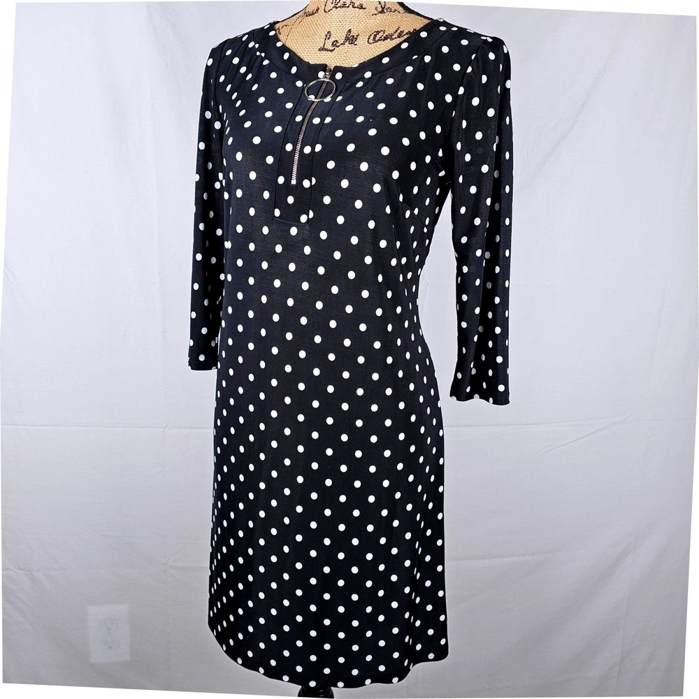 MSK Petite Black White Polka Dot Zipper Neck 3/4 Sleeve Dress SP - Picture 2 of 11